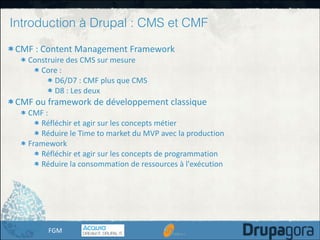 Introduction à Drupal : CMS et CMF
CMF	
  :	
  Content	
  Management	
  Framework	
  
Construire	
  des	
  CMS	
  sur	
  mesure	
  
Core	
  :	
  	
  
D6/D7	
  :	
  CMF	
  plus	
  que	
  CMS	
  
D8	
  :	
  Les	
  deux	
  

CMF	
  ou	
  framework	
  de	
  développement	
  classique	
  	
  

CMF	
  :	
  
Réfléchir	
  et	
  agir	
  sur	
  les	
  concepts	
  métier	
  
Réduire	
  le	
  Time	
  to	
  market	
  du	
  MVP	
  avec	
  la	
  production	
  
Framework	
  
Réfléchir	
  et	
  agir	
  sur	
  les	
  concepts	
  de	
  programmation	
  
Réduire	
  la	
  consommation	
  de	
  ressources	
  à	
  l'exécution

FGM

 