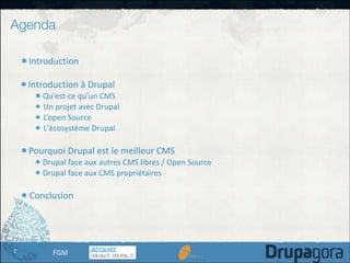 Agenda
Introduction	
  

!

Introduction	
  à	
  Drupal	
  

!

Qu'est-­‐ce	
  qu'un	
  CMS	
  
Un	
  projet	
  avec	
  Dr...