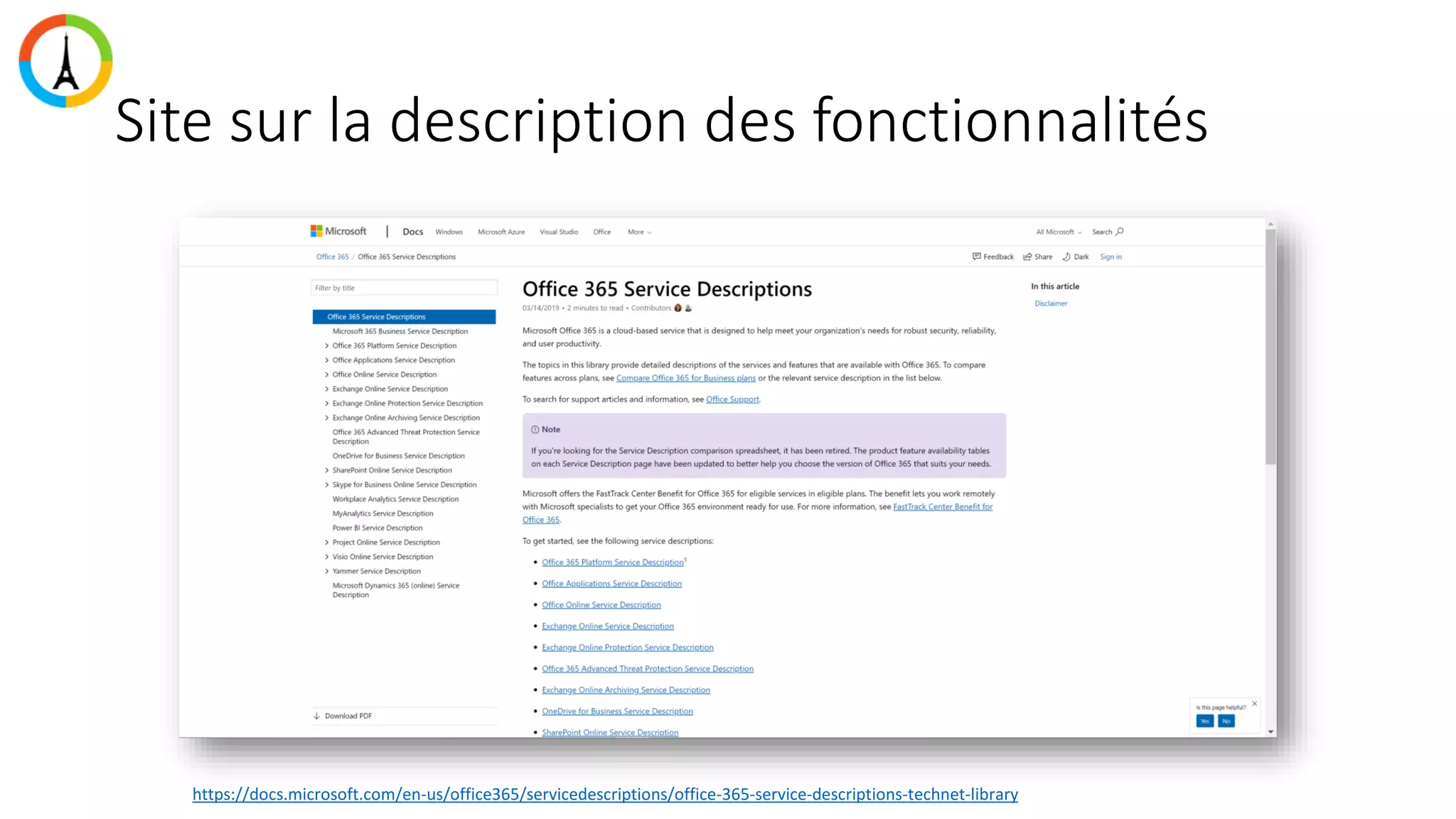 Site sur la description des fonctionnalités
https://docs.microsoft.com/en-us/office365/servicedescriptions/office-365-service-descriptions-technet-library
 