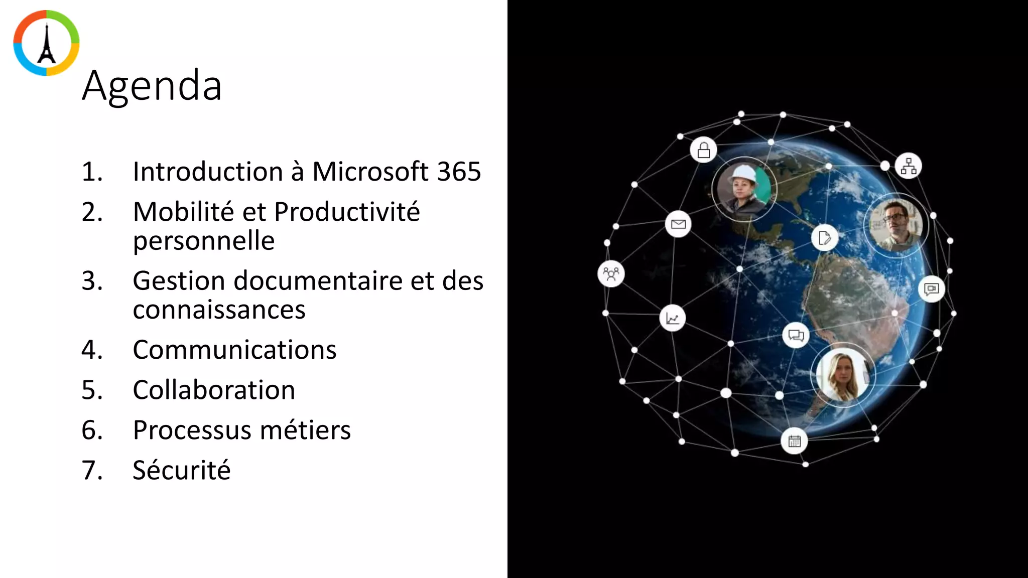 Agenda
1. Introduction à Microsoft 365
2. Mobilité et Productivité
personnelle
3. Gestion documentaire et des
connaissances
4. Communications
5. Collaboration
6. Processus métiers
7. Sécurité
 