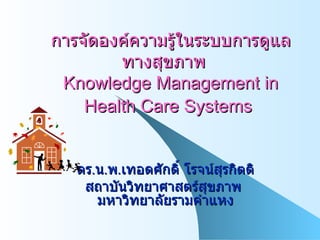 ดร . น . พ . เทอดศักดิ์ โรจน์สุรกิตติ สถาบันวิทยาศาสตร์สุขภาพ   มหาวิทยาลัยรามคำแหง การจัดองค์ความรู้ในระบบการดูแลทางสุขภาพ   Knowledge Management in Health Care Systems   