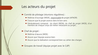 Les acteurs du projet
 Comité de pilotage (réunions régulières) :
 Maîtrise d’ouvrage (MOA), responsable de projet (AFNOR)
 S’assure que le projet avance dans le bon sens
 Généralement composé : du client (MOA), du chef de projet (MOE), d’un
membre de chaque corps de métier nécessaire au projet…
 Chef de projet :
 Maîtrise d’œuvre (MOE)
 Assure que l’équipe avance bien
 Assure que la réalisation correspond bien au cahier des charges
 Groupes de travail (équipe projet avec le CdP)
 