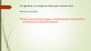 En général, un projet se découpe comme suit :
 Autre exemple :
 http://azenorak.free.fr/pages_dependantes/Docs%20Job/Phas
es%20Gestion%20de%20Projet.ppt
 