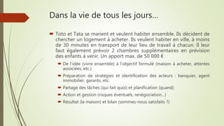 Dans la vie de tous les jours…
 Toto et Tata se marient et veulent habiter ensemble. Ils décident de
chercher un logement à acheter. Ils veulent habiter en ville, à moins
de 30 minutes en transport de leur lieu de travail à chacun. Il leur
faut également prévoir 2 chambres supplémentaires en prévision
des enfants à venir. Un apport max. de 50 000 €
 De l’idée (vivre ensemble) à l’objectif formulé (maison à acheter, attentes
associées, etc.)
 Préparation de stratégies et identification des acteurs : banquier, agent
immobilier, garants, etc.
 Partage des tâches (qui fait quoi) et planification (quand)
 Action et gestion (risques éventuels, renégociation…)
 Résultat (la maison) et bilan (sommes-nous satisfaits ?)
 