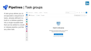 Pipelines | Task groups
A task group allows you to
encapsulate a sequence of
tasks, already defined in a
build or a release pipeline,
into a single reusable task
that can be added to a build
or release pipeline, just like
any other task.
 