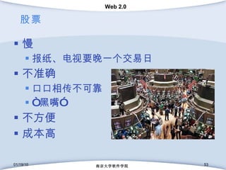 股票 慢 报纸、电视要晚一个交易日 不准确 口口相传不可靠 “ 黑嘴” 不方便 成本高 01/19/10 南京大学软件学院 