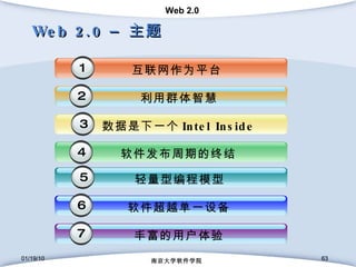 Web 2.0 –  主题 01/19/10 南京大学软件学院 01/19/10 南京大学软件学院 轻量型编程模型 5 1 互联网作为平台 1 数据是下一个 Intel Inside 1 3 软件发布周期的终结 4 软件超越单一设备 6 丰富的用户体验 7 利用群体智慧 2 