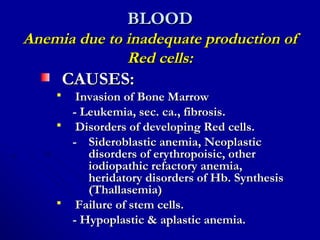 BLOODBLOOD
Anemia due to inadequate production ofAnemia due to inadequate production of
Red cells:Red cells:
CAUSES:CAUSES:
 Invasion of Bone MarrowInvasion of Bone Marrow
- Leukemia, sec. ca., fibrosis.- Leukemia, sec. ca., fibrosis.
 Disorders of developing Red cells.Disorders of developing Red cells.
-- Sideroblastic anemia, NeoplasticSideroblastic anemia, Neoplastic
disorders of erythropoisic, otherdisorders of erythropoisic, other
iodiopathic refactory anemia,iodiopathic refactory anemia,
heridatory disorders of Hb. Synthesisheridatory disorders of Hb. Synthesis
(Thallasemia)(Thallasemia)
 Failure of stem cells.Failure of stem cells.
- Hypoplastic & aplastic anemia.- Hypoplastic & aplastic anemia.
 