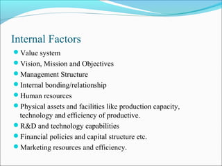 Internal Factors
Value system
Vision, Mission and Objectives
Management Structure
Internal bonding/relationship
Human resources
Physical assets and facilities like production capacity,
technology and efficiency of productive.
R&D and technology capabilities
Financial policies and capital structure etc.
Marketing resources and efficiency.
 
