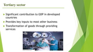 Tertiary sector
 Significant contribution to GDP in developed
countries
 Provides key inputs to most other business
 Transformation of goods through providing
services
 