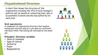 23
Organizational Structure
A chart that shows the structure of the
organization including the title of each manager’s
position and, by means of connecting lines, who is
accountable to whom and who has authority for
each area
Work specialization
A component of organization structure that involves
having each discrete step of a job done by a different
individual rather than having one individual do the whole
job
Principles/ Structure variables
• Chain of command
• Span of control
• Authority
• Power
• Responsibility
 