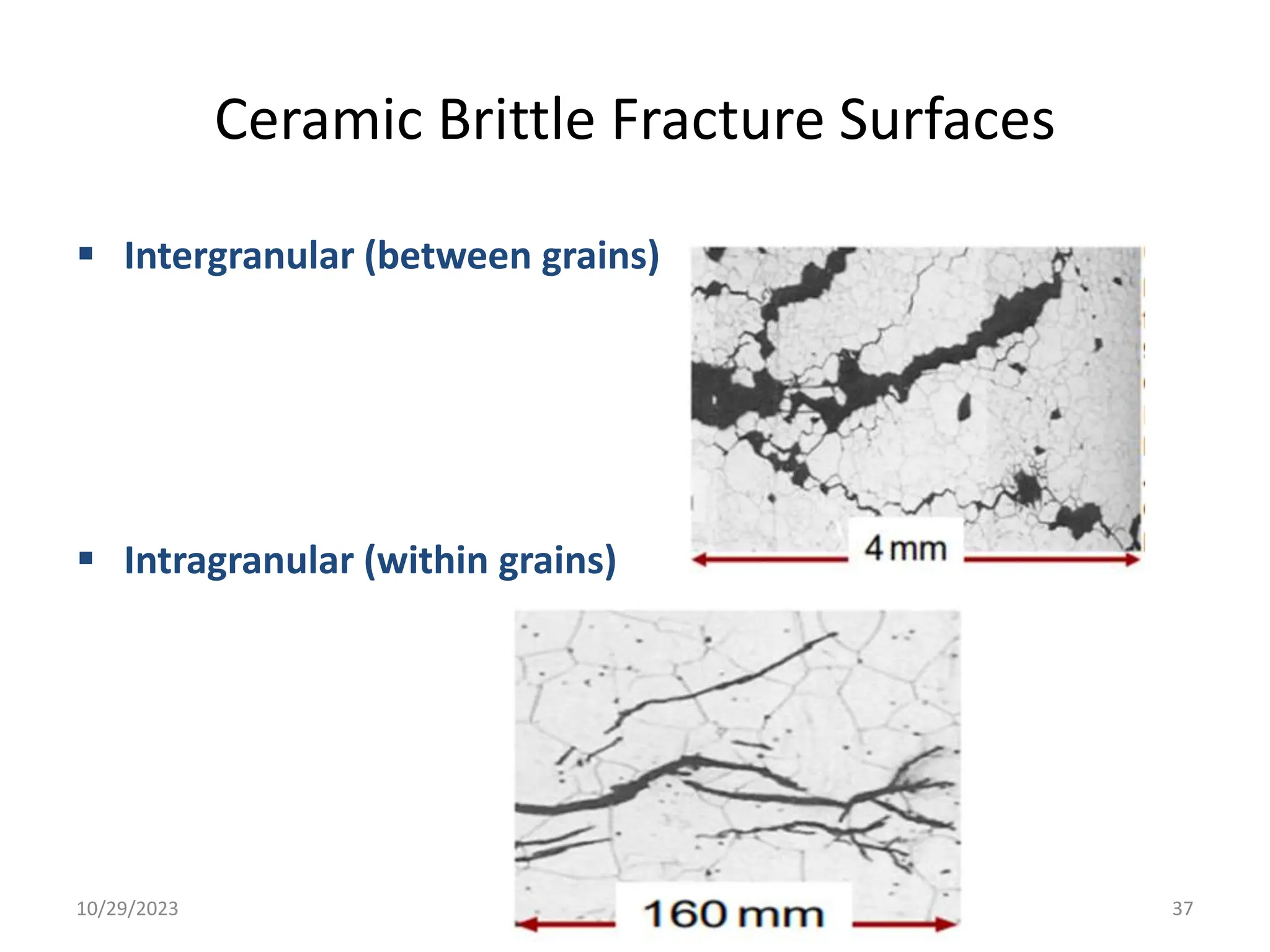 Ceramic Brittle Fracture Surfaces
 Intergranular (between grains)
 Intragranular (within grains)
10/29/2023 37
 