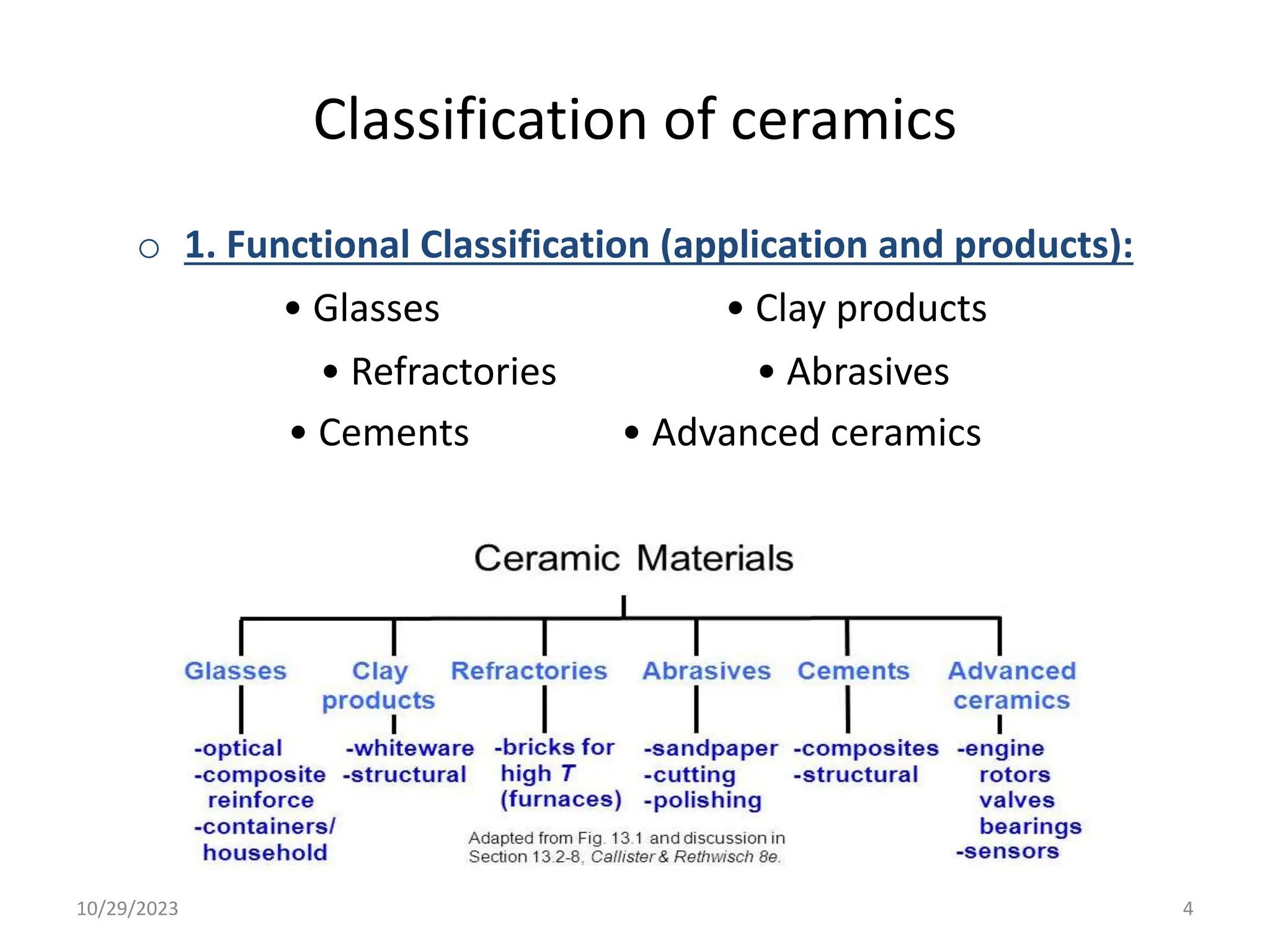 Classification of ceramics
o 1. Functional Classification (application and products):
• Glasses • Clay products
• Refractories • Abrasives
• Cements • Advanced ceramics
10/29/2023 4
 