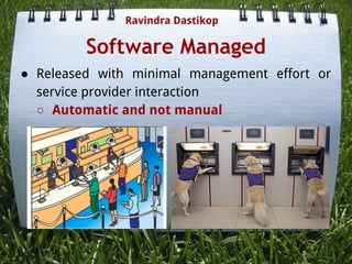 Software Managed
● Released with minimal management effort or
service provider interaction
○ Automatic and not manual
Ravindra Dastikop
 