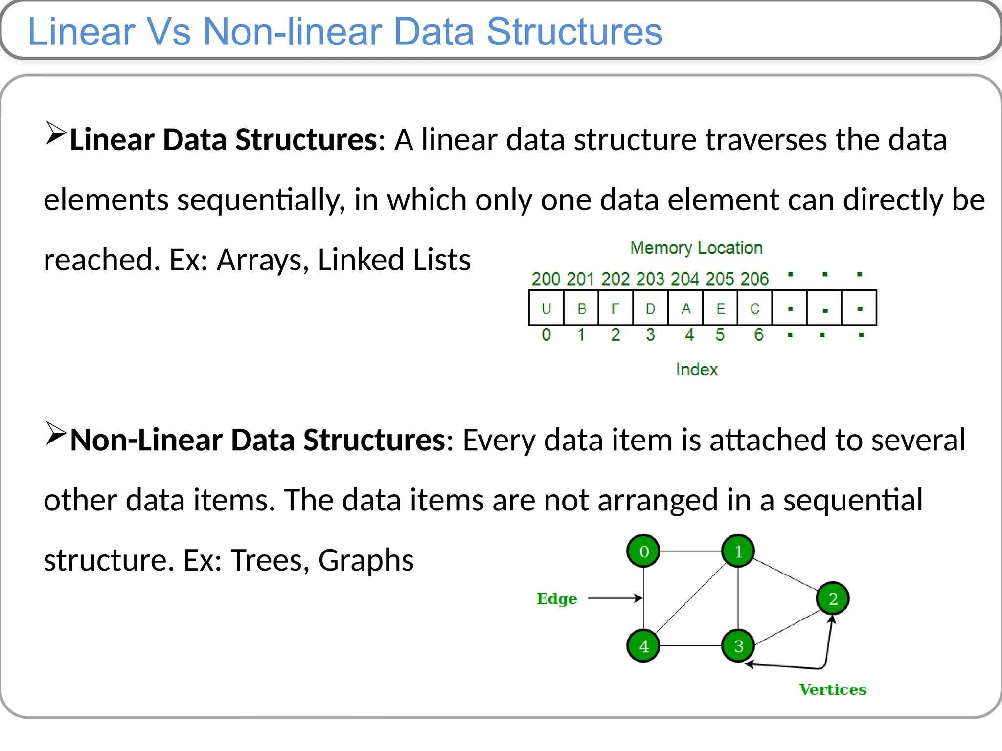 Linear Vs Non-linear Data Structures
Linear Data Structures: A linear data structure traverses the data
elements sequentially, in which only one data element can directly be
reached. Ex: Arrays, Linked Lists
Non-Linear Data Structures: Every data item is attached to several
other data items. The data items are not arranged in a sequential
structure. Ex: Trees, Graphs
 