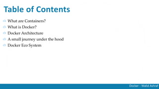 Docker - Walid Ashraf
Table of Contents
What are Containers?
What is Docker?
Docker Architecture
A small journey under the hood
Docker Eco System
 