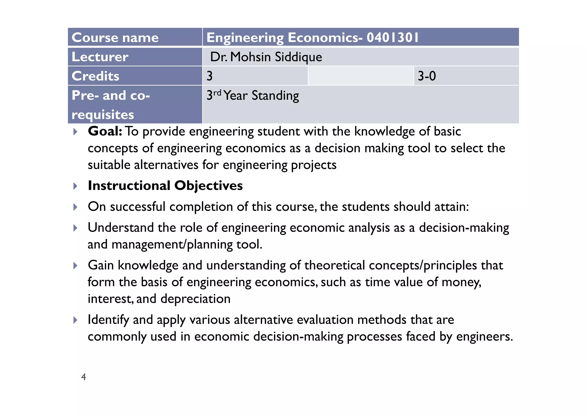 4
Course name Engineering Economics- 0401301
Lecturer Dr. Mohsin Siddique
Credits 3 3-0
Pre- and co-
requisites
3rd Year Standing
Goal: To provide engineering student with the knowledge of basic
concepts of engineering economics as a decision making tool to select the
suitable alternatives for engineering projects
Instructional Objectives
On successful completion of this course, the students should attain:
Understand the role of engineering economic analysis as a decision-making
and management/planning tool.
Gain knowledge and understanding of theoretical concepts/principles that
form the basis of engineering economics, such as time value of money,
interest, and depreciation
Identify and apply various alternative evaluation methods that are
commonly used in economic decision-making processes faced by engineers.
 