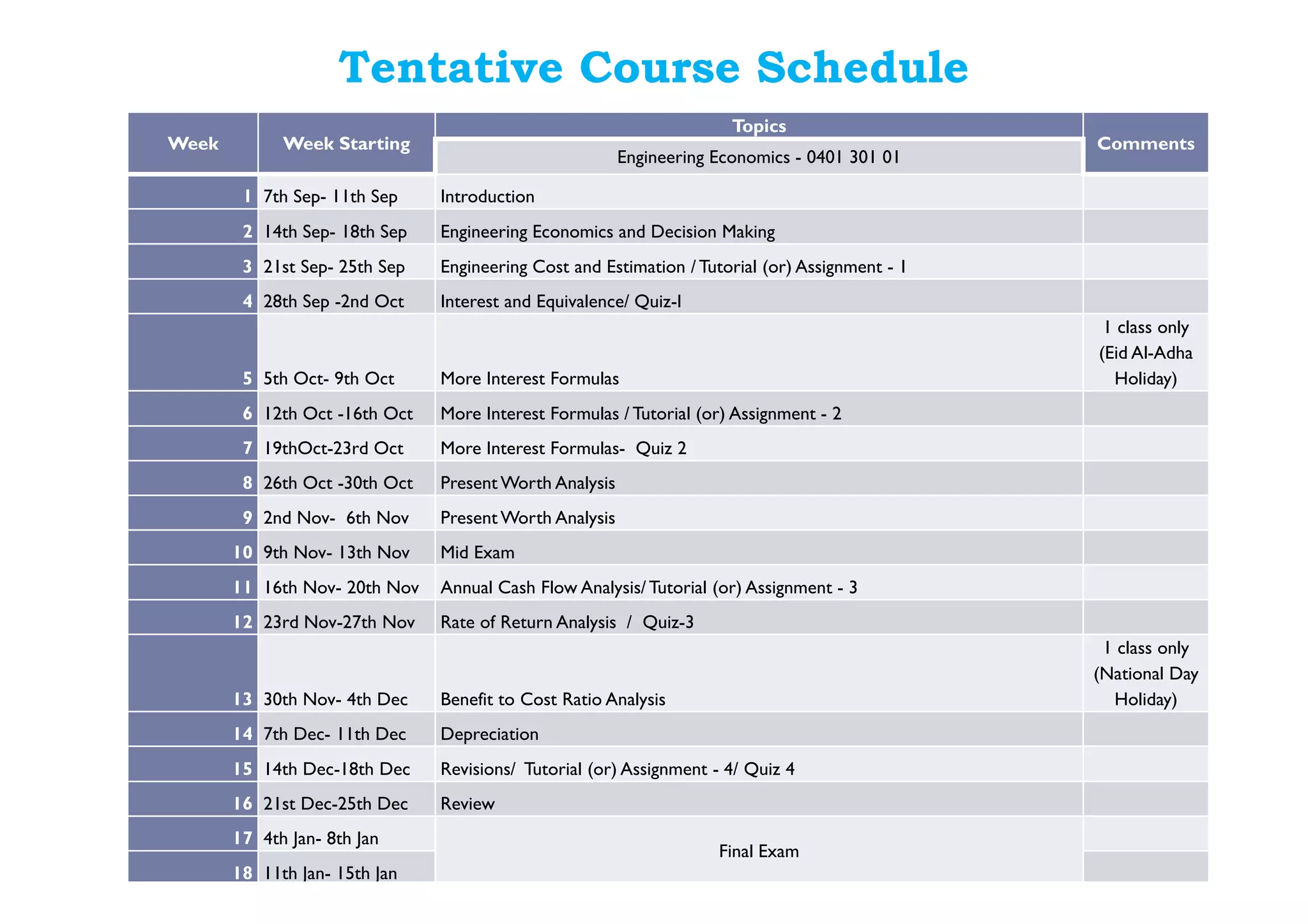 Tentative Course Schedule
8
Week Week Starting
Topics
Comments
Engineering Economics - 0401 301 01
1 7th Sep- 11th Sep Introduction
2 14th Sep- 18th Sep Engineering Economics and Decision Making
3 21st Sep- 25th Sep Engineering Cost and Estimation /Tutorial (or) Assignment - 1
4 28th Sep -2nd Oct Interest and Equivalence/ Quiz-I
5 5th Oct- 9th Oct More Interest Formulas
1 class only
(Eid Al-Adha
Holiday)
6 12th Oct -16th Oct More Interest Formulas / Tutorial (or) Assignment - 2
7 19thOct-23rd Oct More Interest Formulas- Quiz 2
8 26th Oct -30th Oct Present Worth Analysis
9 2nd Nov- 6th Nov Present Worth Analysis
10 9th Nov- 13th Nov Mid Exam
11 16th Nov- 20th Nov Annual Cash Flow Analysis/Tutorial (or) Assignment - 3
12 23rd Nov-27th Nov Rate of Return Analysis / Quiz-3
13 30th Nov- 4th Dec Benefit to Cost Ratio Analysis
1 class only
(National Day
Holiday)
14 7th Dec- 11th Dec Depreciation
15 14th Dec-18th Dec Revisions/ Tutorial (or) Assignment - 4/ Quiz 4
16 21st Dec-25th Dec Review
17 4th Jan- 8th Jan
Final Exam
18 11th Jan- 15th Jan
 