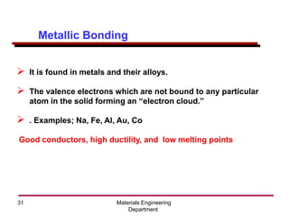 Materials Engineering
Department
31
Metallic Bonding
➢ It is found in metals and their alloys.
➢ The valence electrons which are not bound to any particular
atom in the solid forming an “electron cloud.”
➢ . Examples; Na, Fe, Al, Au, Co
Good conductors, high ductility, and low melting points
 
