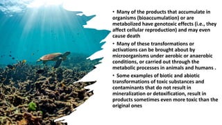 • Many of the products that accumulate in
organisms (bioaccumulation) or are
metabolized have genotoxic effects (i.e., they
affect cellular reproduction) and may even
cause death
• Many of these transformations or
activations can be brought about by
microorganisms under aerobic or anaerobic
conditions, or carried out through the
metabolic processes in animals and humans .
• Some examples of biotic and abiotic
transformations of toxic substances and
contaminants that do not result in
mineralization or detoxification, result in
products sometimes even more toxic than the
original ones
 