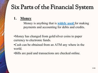1-10
Six Parts of the Financial System
1. Money
Money is anything that is widely used for making
payments and accounting for debts and credits.
•Money has changed from gold/silver coins to paper
currency to electronic funds.
•Cash can be obtained from an ATM any where in the
world.
•Bills are paid and transactions are checked online.
 