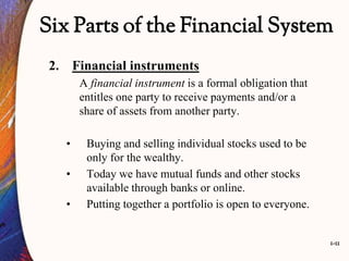 1-11
Six Parts of the Financial System
2. Financial instruments
A financial instrument is a formal obligation that
entitles one party to receive payments and/or a
share of assets from another party.
• Buying and selling individual stocks used to be
only for the wealthy.
• Today we have mutual funds and other stocks
available through banks or online.
• Putting together a portfolio is open to everyone.
 