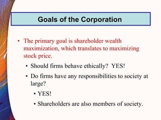 • The primary goal is shareholder wealth
maximization, which translates to maximizing
stock price.
• Should firms behave ethically? YES!
• Do firms have any responsibilities to society at
large?
• YES!
• Shareholders are also members of society.
Goals of the Corporation
 