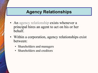 • An agency relationship exists whenever a
principal hires an agent to act on his or her
behalf.
• Within a corporation, agency relationships exist
between:
• Shareholders and managers
• Shareholders and creditors
Agency Relationships
 