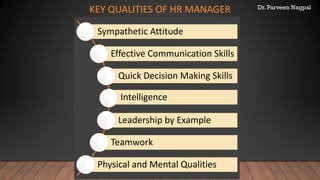 Dr. Parveen Nagpal
KEY QUALITIES OF HR MANAGER
Sympathetic Attitude
Effective Communication Skills
Quick Decision Making Skills
Intelligence
Leadership by Example
Teamwork
Physical and Mental Qualities
 