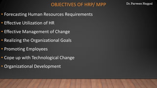 Dr. Parveen Nagpal
OBJECTIVES OF HRP/ MPP
• Forecasting Human Resources Requirements
• Effective Utilization of HR
• Effective Management of Change
• Realizing the Organizational Goals
• Promoting Employees
• Cope up with Technological Change
• Organizational Development
 