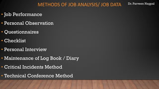 Dr. Parveen Nagpal
METHODS OF JOB ANALYSIS/ JOB DATA
• Job Performance
• Personal Observation
• Questionnaires
• Checklist
• Personal Interview
• Maintenance of Log Book / Diary
• Critical Incidents Method
• Technical Conference Method
 