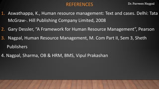 Dr. Parveen NagpalREFERENCES
1. Aswathappa, K., Human resource management: Text and cases. Delhi: Tata
McGraw-. Hill Publishing Company Limited, 2008
2. Gary Dessler, “A Framework for Human Resource Management”, Pearson
3. Nagpal, Human Resource Management, M. Com Part II, Sem 3, Sheth
Publishers
4. Nagpal, Sharma, OB & HRM, BMS, Vipul Prakashan
 