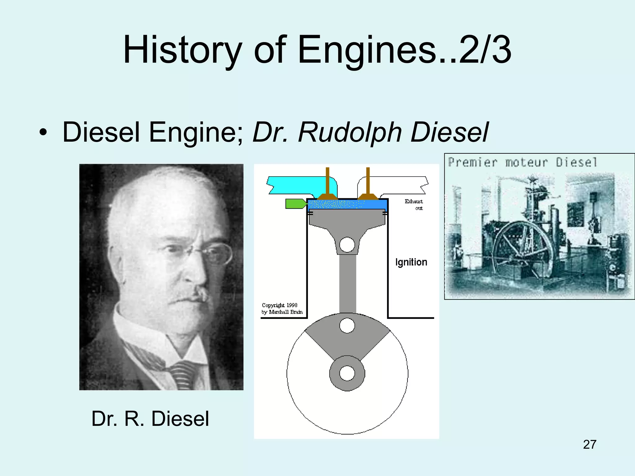 27
• Diesel Engine; Dr. Rudolph Diesel
History of Engines..2/3
Dr. R. Diesel
 