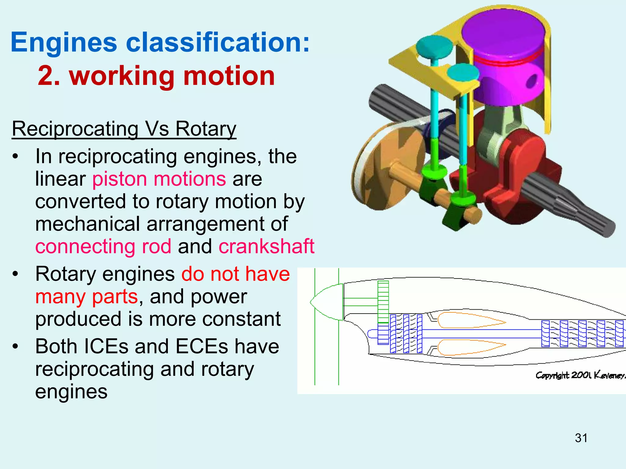 31
Engines classification:
2. working motion
Reciprocating Vs Rotary
• In reciprocating engines, the
linear piston motions are
converted to rotary motion by
mechanical arrangement of
connecting rod and crankshaft
• Rotary engines do not have
many parts, and power
produced is more constant
• Both ICEs and ECEs have
reciprocating and rotary
engines
 