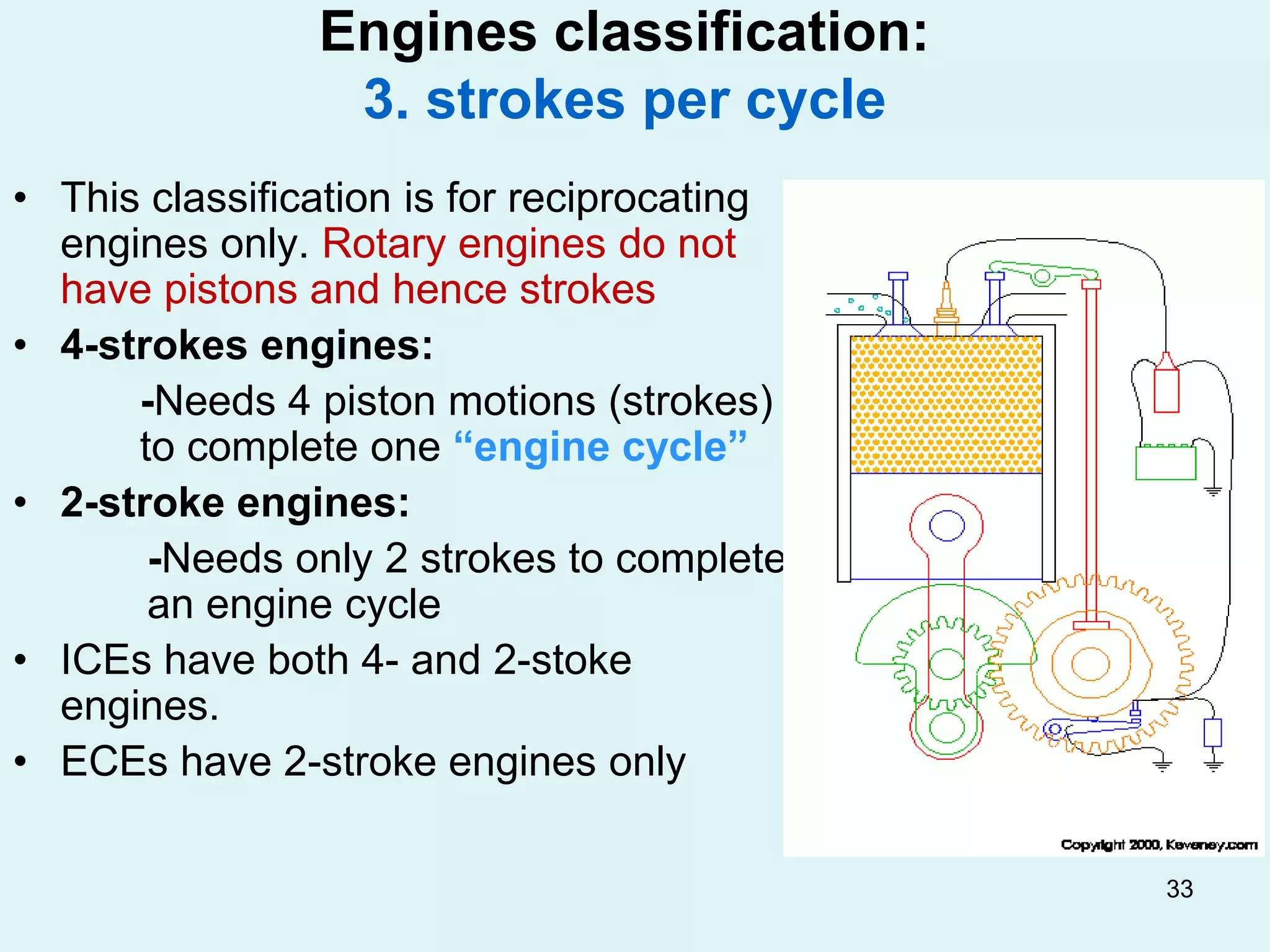 33
Engines classification:
3. strokes per cycle
• This classification is for reciprocating
engines only. Rotary engines do not
have pistons and hence strokes
• 4-strokes engines:
-Needs 4 piston motions (strokes)
to complete one “engine cycle”
• 2-stroke engines:
-Needs only 2 strokes to complete
an engine cycle
• ICEs have both 4- and 2-stoke
engines.
• ECEs have 2-stroke engines only
 