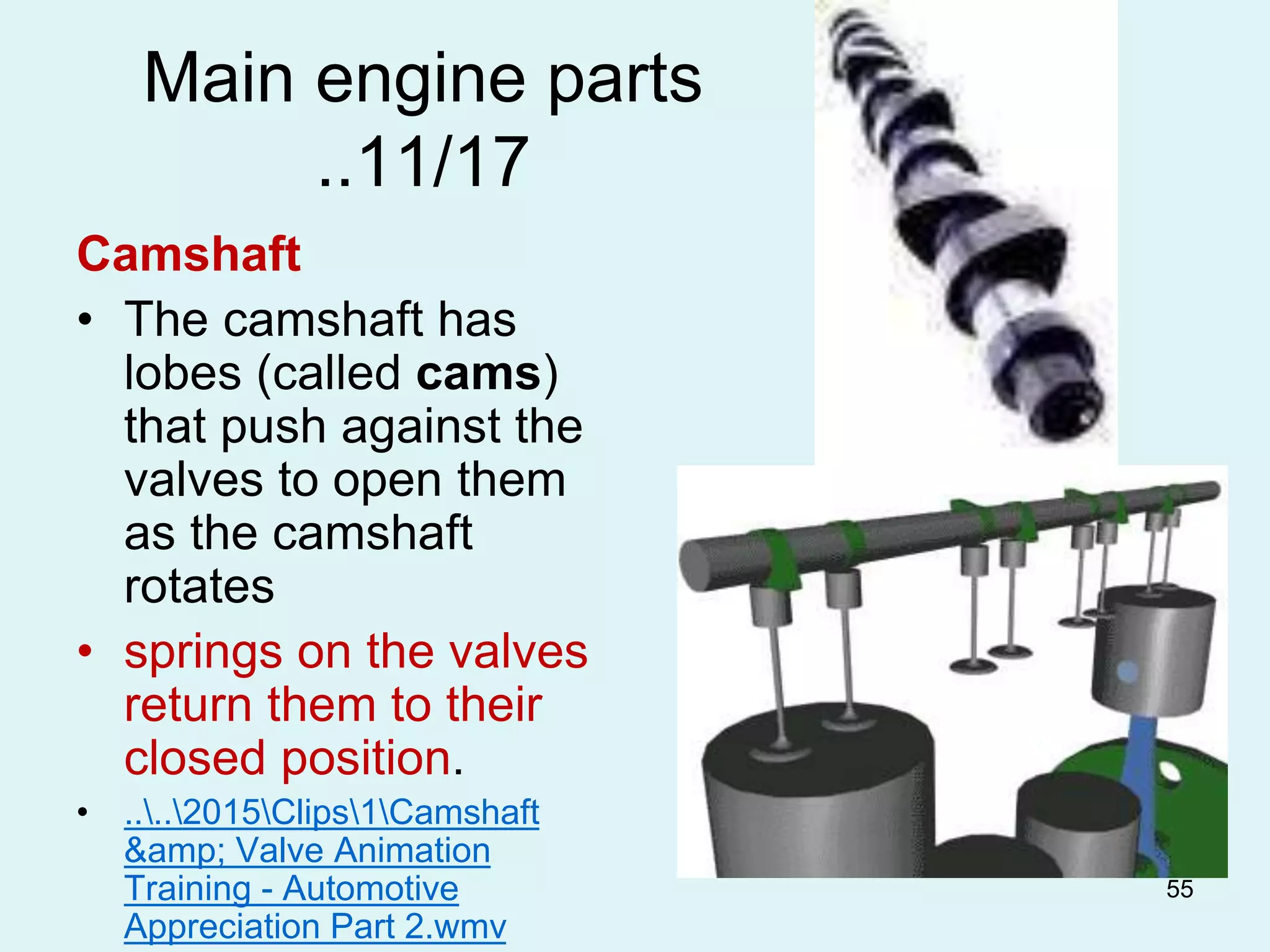 55
Main engine parts
..11/17
Camshaft
• The camshaft has
lobes (called cams)
that push against the
valves to open them
as the camshaft
rotates
• springs on the valves
return them to their
closed position.
• ....2015Clips1Camshaft
&amp; Valve Animation
Training - Automotive
Appreciation Part 2.wmv
 