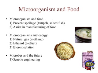 Microorganism and FoodMicroorganism and food	1) Prevent spoilage (tempeh, salted fish)	2) Assist in manufacturing of foodMicroorganisms and energy	1) Natural gas (methane)	2) Ethanol (biofuel)	3) BioremediationMicrobes and the future	1)Genetic engineering