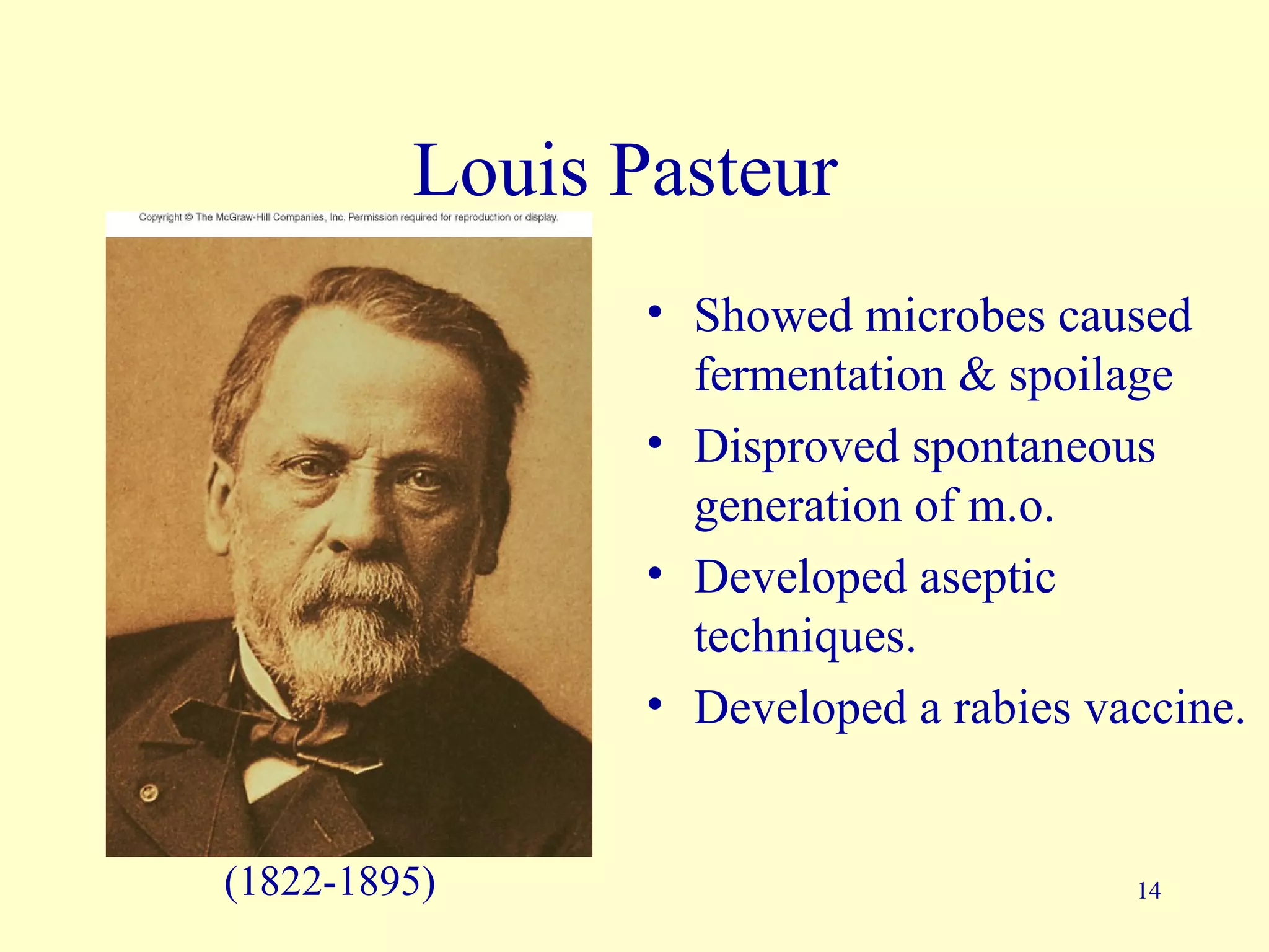 Louis Pasteur
                • Showed microbes caused
                  fermentation & spoilage
                • Disproved spontaneous
                  generation of m.o.
                • Developed aseptic
                  techniques.
                • Developed a rabies vaccine.


(1822-1895)                            14
 