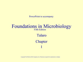 PowerPoint to accompany



Foundations in Microbiology
          Fifth Edition

                                        Talaro
                                     Chapter
                                       1

    Copyright The McGraw-Hill Companies, Inc. Permission required for reproduction or display.
 