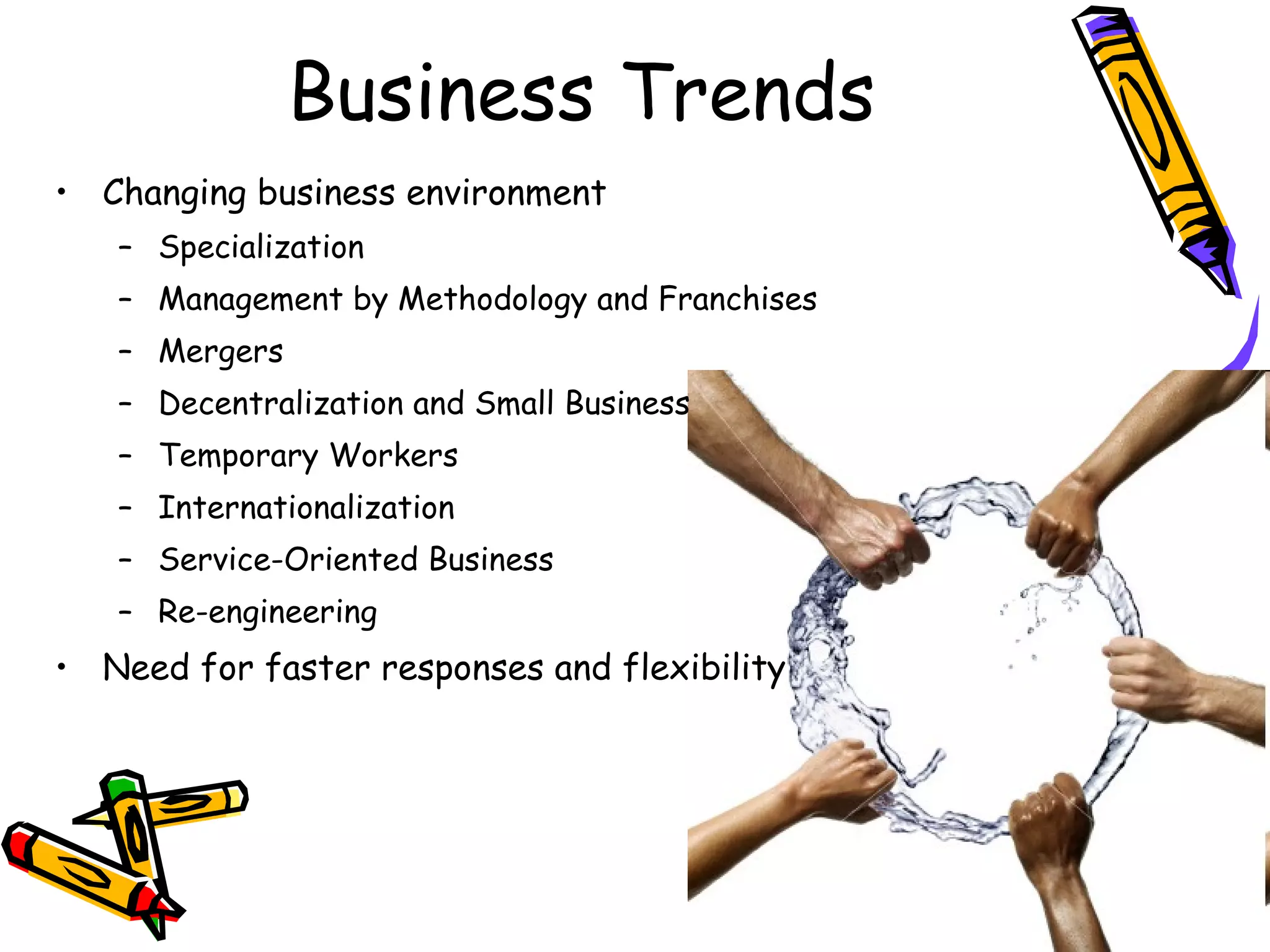 Business Trends Changing business environment Specialization Management by Methodology and Franchises Mergers Decentralization and Small Business Temporary Workers Internationalization Service-Oriented Business Re-engineering Need for faster responses and flexibility 