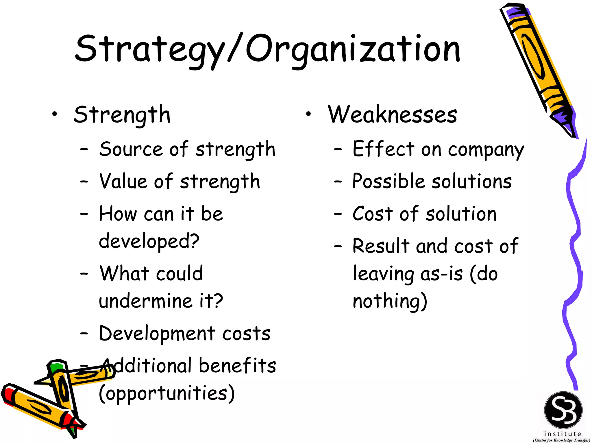 Strategy/Organization Strength Source of strength Value of strength How can it be developed? What could undermine it? Development costs Additional benefits (opportunities) Weaknesses Effect on company Possible solutions Cost of solution Result and cost of leaving as-is (do nothing) 