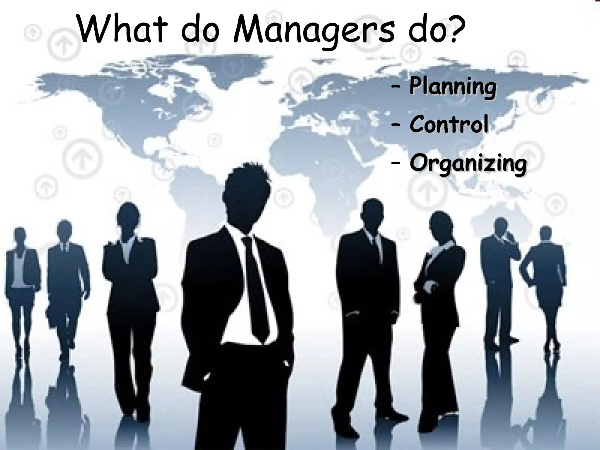 What do Managers do? Planning Control Organizing 