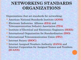 NETWORKING STANDARDS
       ORGANIZATIONS
Organizations that set standards for networking:
 American National Standards Institute (ANSI)

 Electronic Industries Alliance (EIA) and
  Telecommunication Industry Association (TIA)
 Institute of Electrical and Electronics Engineers (IEEE)

 International Organization for Standardization (ISO)

 International Telecommunication Union (ITU)

 Internet Society (ISOC)

 Internet Assigned Numbers Authority (IANA) and
  Internet Corporation for Assigned Names and Numbers
  (ICANN)
 