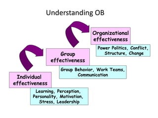 Understanding OB
Individual
effectiveness
Group
effectiveness
Organizational
effectiveness
Learning, Perception,
Personality, Motivation,
Stress, Leadership
Group Behavior, Work Teams,
Communication
Power Politics, Conflict,
Structure, Change
 