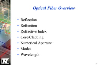 Optical Fiber Overview

• Reflection
• Refraction
• Refractive Index
• Core/Cladding
• Numerical Aperture
• Modes
• Wavelength

                                  24
 