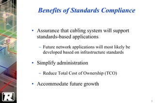 Benefits of Standards Compliance

• Assurance that cabling system will support
  standards-based applications
   − Future network applications will most likely be
     developed based on infrastructure standards

• Simplify administration
   − Reduce Total Cost of Ownership (TCO)

• Accommodate future growth


                                                       3
 