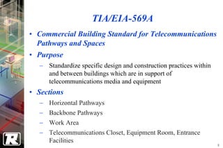TIA/EIA-569A
• Commercial Building Standard for Telecommunications
  Pathways and Spaces
• Purpose
  − Standardize specific design and construction practices within
    and between buildings which are in support of
    telecommunications media and equipment
• Sections
  −   Horizontal Pathways
  −   Backbone Pathways
  −   Work Area
  −   Telecommunications Closet, Equipment Room, Entrance
      Facilities
                                                                    8
 