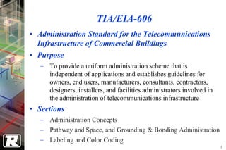 TIA/EIA-606
• Administration Standard for the Telecommunications
  Infrastructure of Commercial Buildings
• Purpose
  − To provide a uniform administration scheme that is
    independent of applications and establishes guidelines for
    owners, end users, manufacturers, consultants, contractors,
    designers, installers, and facilities administrators involved in
    the administration of telecommunications infrastructure
• Sections
  − Administration Concepts
  − Pathway and Space, and Grounding & Bonding Administration
  − Labeling and Color Coding
                                                                       9
 