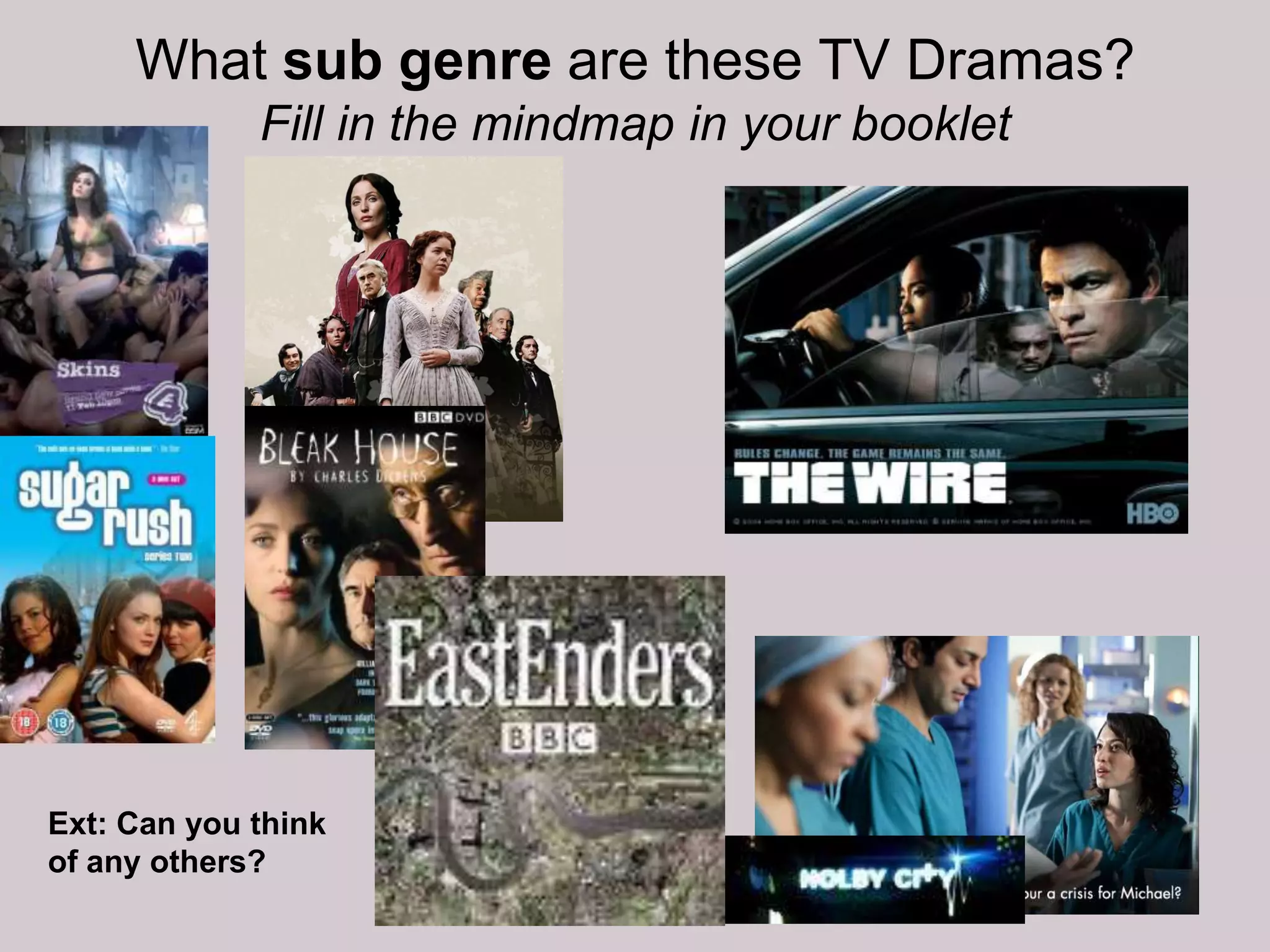 What sub genre are these TV Dramas?
             Fill in the mindmap in your booklet




Ext: Can you think
of any others?
 