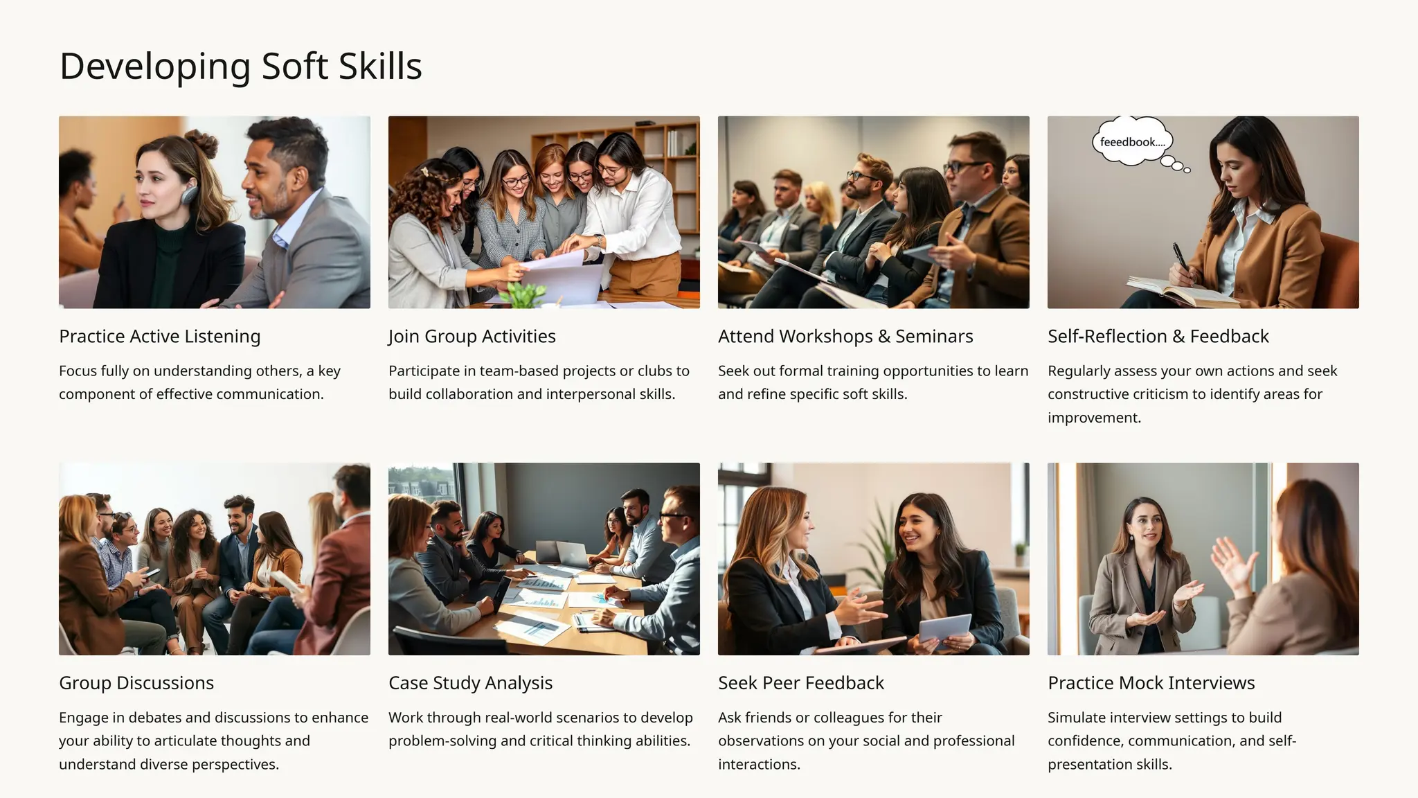 Developing Soft Skills
Practice Active Listening
Focus fully on understanding others, a key
component of effective communication.
Join Group Activities
Participate in team-based projects or clubs to
build collaboration and interpersonal skills.
Attend Workshops & Seminars
Seek out formal training opportunities to learn
and refine specific soft skills.
Self-Reflection & Feedback
Regularly assess your own actions and seek
constructive criticism to identify areas for
improvement.
Group Discussions
Engage in debates and discussions to enhance
your ability to articulate thoughts and
understand diverse perspectives.
Case Study Analysis
Work through real-world scenarios to develop
problem-solving and critical thinking abilities.
Seek Peer Feedback
Ask friends or colleagues for their
observations on your social and professional
interactions.
Practice Mock Interviews
Simulate interview settings to build
confidence, communication, and self-
presentation skills.
 